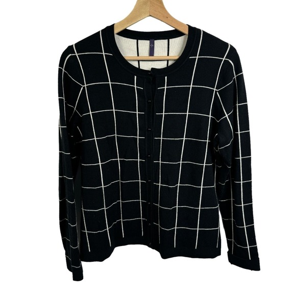 NYDJ Sweaters - NYDJ cardigan sweater women Size M Black plaid long sleeve heavy Button‎ Up